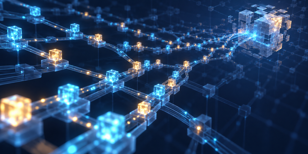 青白く発光する多数のPoWサブブロックが枝分かれしたDAGを進み、遠方の琥珀色のサマリーブロックへ集約される様子