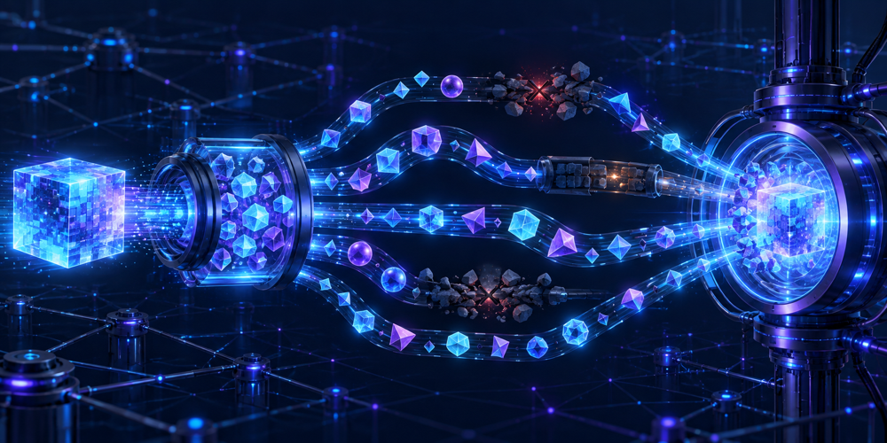 一つのデータブロックが異なる形の符号化断片へ変換され、遅延や途切れのある経路を避けながら複数経路で受信ノードへ集まる様子