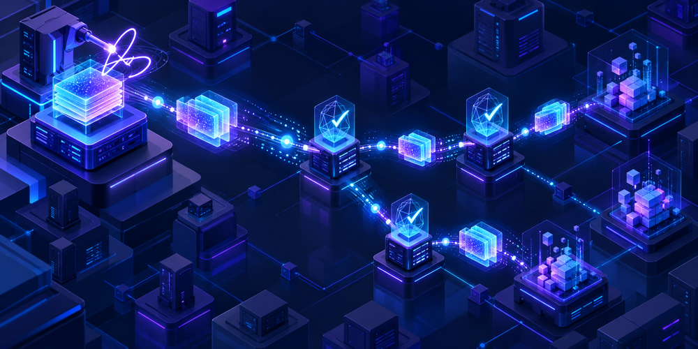 ブロック生産者が署名したWitness告知を複数の中継ノードが検証し、実行完了前からネットワークへ連鎖的に伝える様子