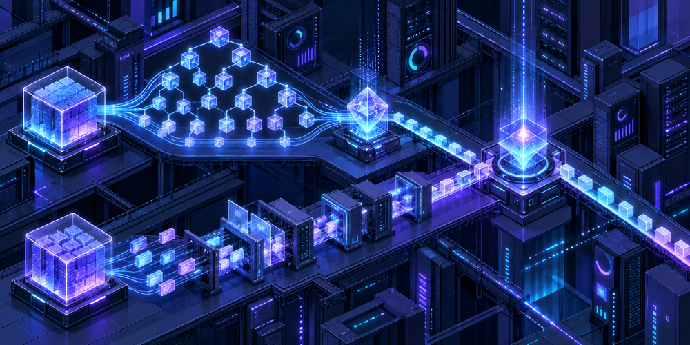 完了ブロックの状態ツリーから状態ルートを計算するレーンと、次ブロックの取引を実行するレーンが並行して進み、検証地点で合流する様子