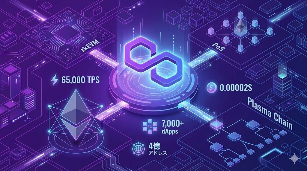 Polygonの特徴：65,000 TPS、0.00002ドルの手数料を示すインフォグラフィック