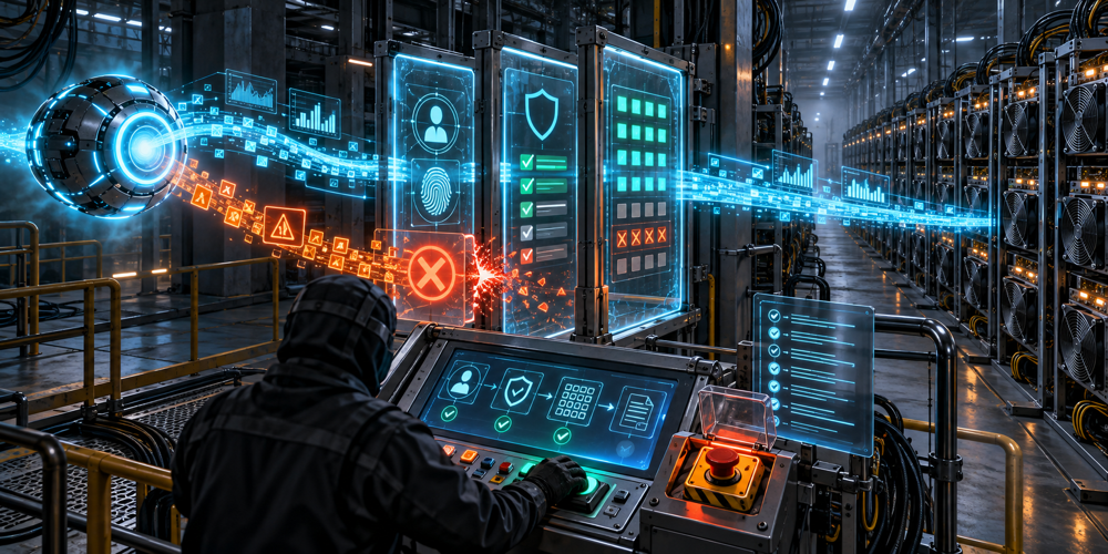 AIから採掘機器へ向かう操作要求がGatewayの認証・許可リスト・人手承認を通過し、危険な命令だけが遮断される様子