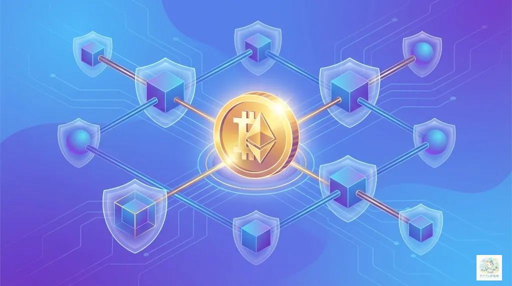コインの特徴と独自ブロックチェーンの構造を示す図
