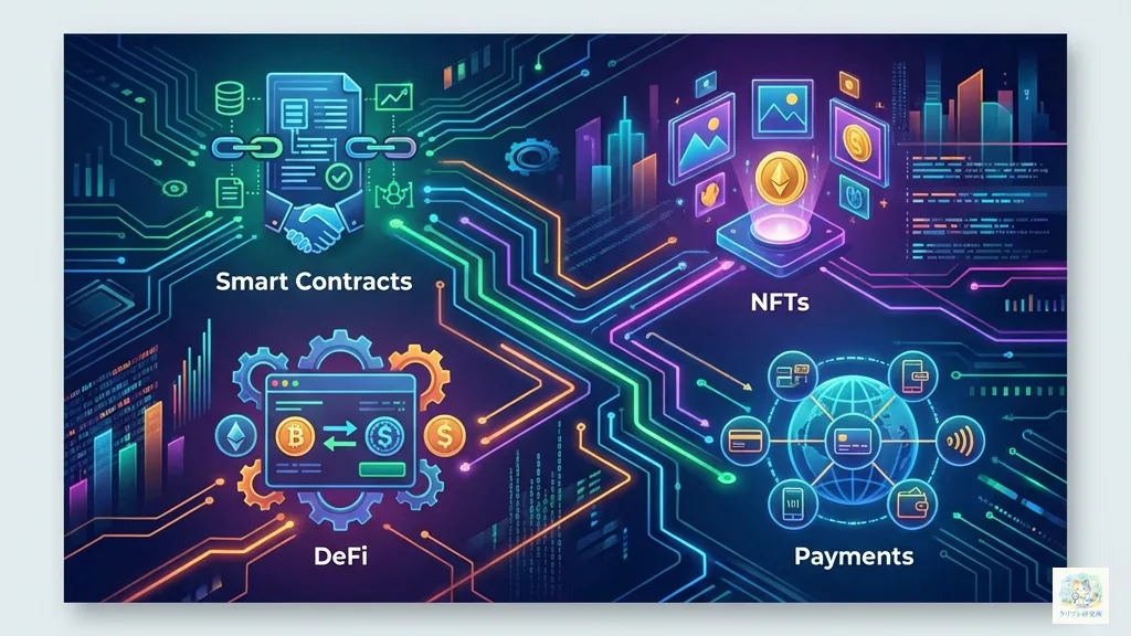 スマートコントラクト、DeFi、NFTなどアルトコインの実用的なユースケースを示すイラスト