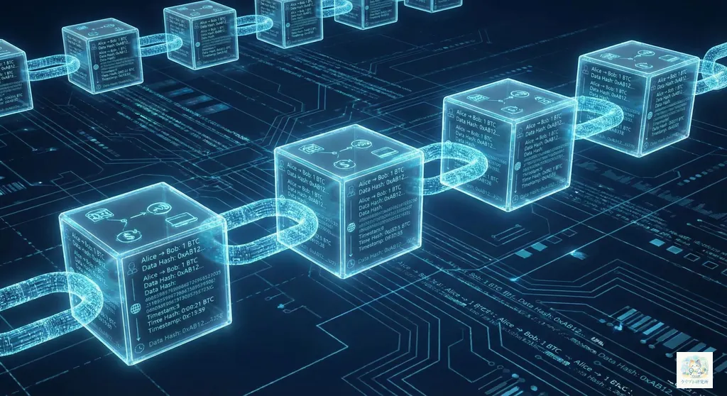 ブロックチェーンの仕組みを子ども向けに示す図