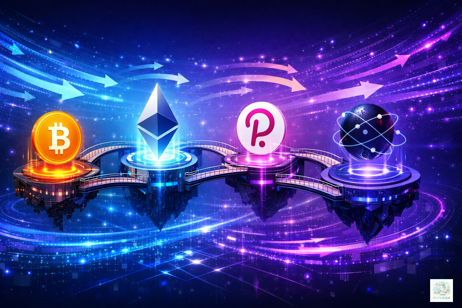 クロスチェーンのコンセプトイメージ。中央に複数のブロックチェーン（ビットコイン、イーサリアム、Polkadot、Cosmos）が独立して存在し、それらを橋（ブリッジ）で接続する様子。相互運用性とインターオペラビリティを視覚化。背景にデータフローと流動性の統合を示す矢印。青と紫のグラデーション。サイズ1600x900px。テキストなし。