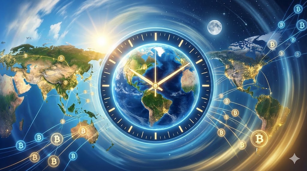 24時間365日取引のコンセプトイメージ。中央に回転する地球と時計の24時間表示。世界各地（アジア、欧州、米国）で同時に取引されるビットコインのシンボル。背景に昼と夜が混在する空。時計の針が絶え間なく動く様子。青と金のグラデーション。サイズ1600x900px。テキストなし。
