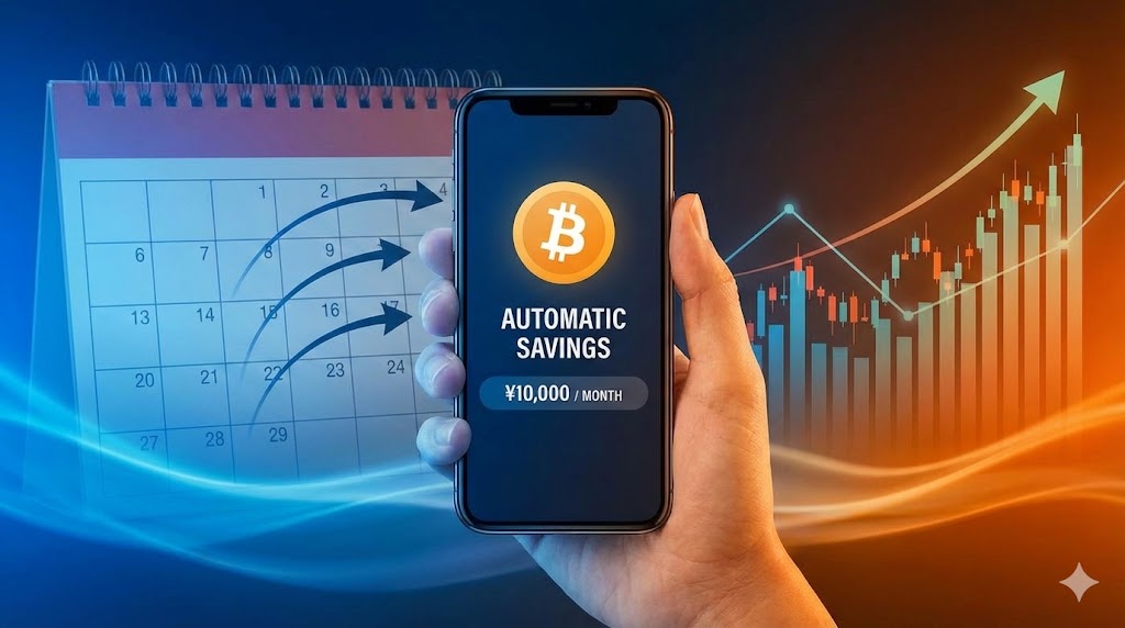 仮想通貨の積立投資のコンセプトイメージ。中央にスマートフォンを持つ人の手。画面には自動積立の設定画面（ビットコインのアイコンと月1万円の表示）。背景にはカレンダーと定期的な購入を示す矢印、上昇するチャート。色は青とオレンジのグラデーション。サイズ1600x900px。テキストなし。