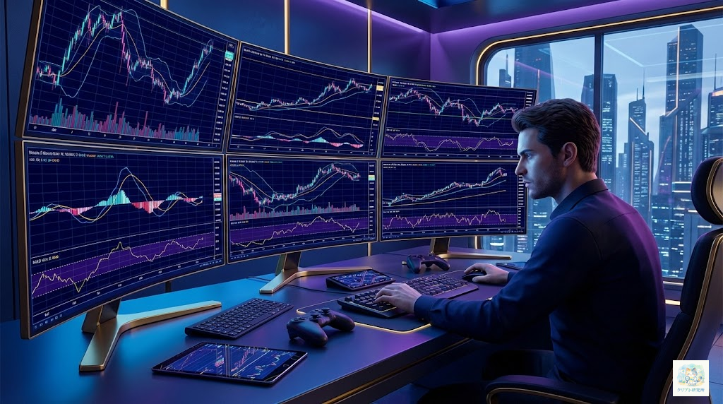 仮想通貨のチャート分析を行うトレーダーのイメージ。複数のモニターにビットコインのチャートとテクニカル指標が表示されている近未来的なトレーディングデスク。 ### スタイル指定 - テイスト: Modern tech aesthetic with financial elements - 品質: high-quality digital art - カラー: deep blue and purple gradients with gold accents - トーン: professional and sophisticated - サイズ: 1600x900px - テキスト: no text