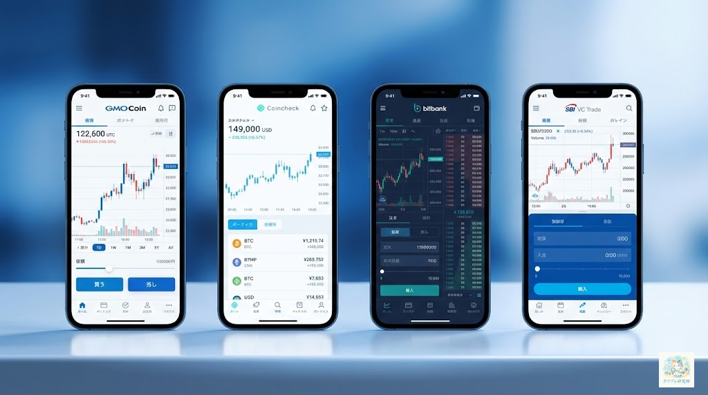 日本の主要取引所のロゴとスクリーンショット
