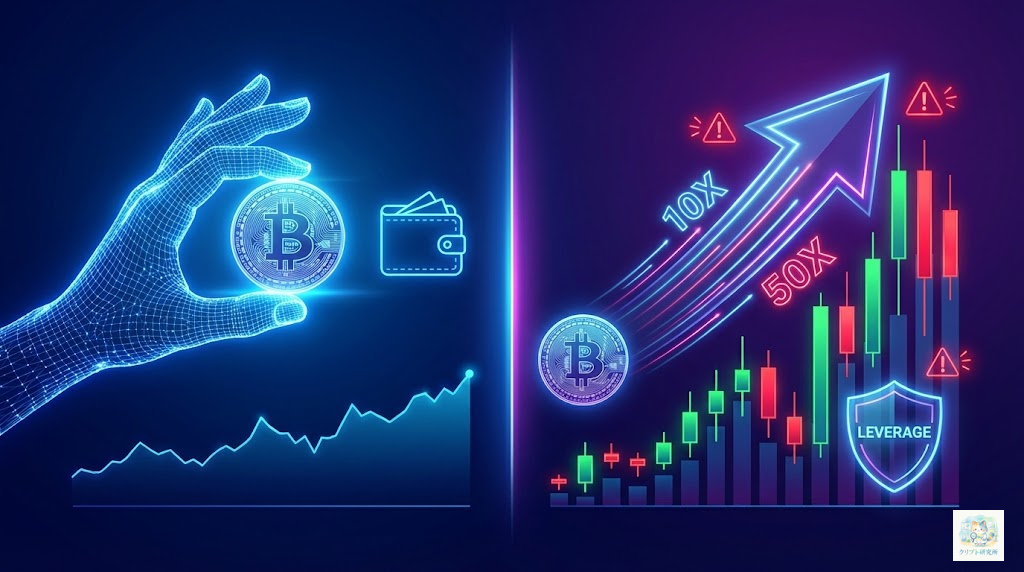 現物取引とレバレッジ取引の違いを比較する図