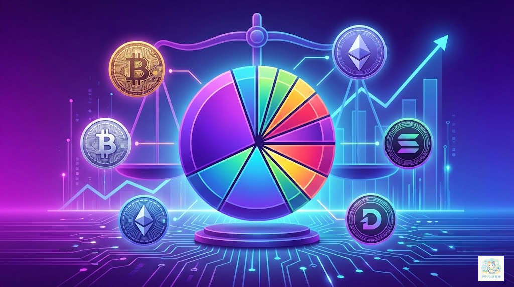 仮想通貨ポートフォリオの分散投資コンセプトイメージ。中央に大きな円グラフ（パイチャート）のアイコンがあり、その各セクションが異なる色で塗り分けられている。円グラフの周りにビットコイン、イーサリアム、ソラナ等のコインアイコンが浮遊。背景にバランスの取れた天秤と上昇チャート。安定と成長を両立するイメージ。 ### スタイル指定 - テイスト: Modern tech aesthetic - 品質: high-quality digital art - カラー: vibrant purple and blue gradients - トーン: professional and clean - サイズ: 1600x900px - テキスト: no text