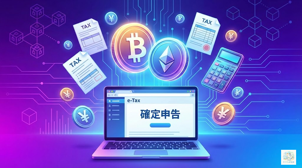 仮想通貨と税金のコンセプトイメージ。中央にビットコインやイーサリアムのコインアイコンが浮かび、その周囲に税金を象徴する書類・計算機・円マーク（¥）が配置されている。背景は暗号資産をイメージした紫と青のグラデーション。確定申告のイメージとして、PCの画面にe-Taxのインターフェースが表示されている。 ### スタイル指定 - テイスト: Modern tech aesthetic - 品質: high-quality digital art - カラー: vibrant purple and blue gradients - トーン: professional and clean - サイズ: 1600x900px - テキスト: no text