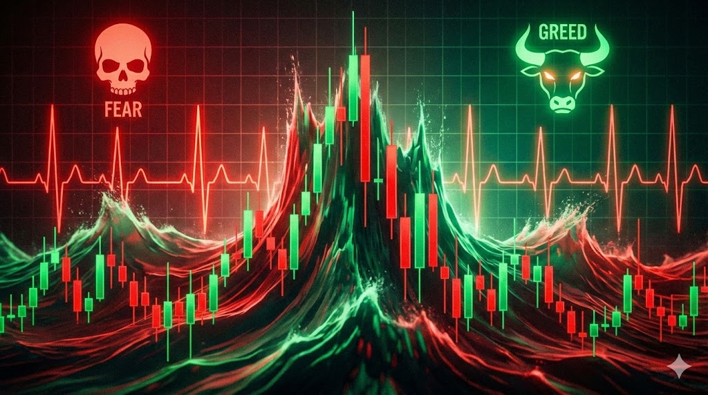 仮想通貨ボラティリティのコンセプトイメージ。中央に激しく上下するローソク足チャート。価格変動の波が大きく上下する様子。背景に心拍計のような波形グラフ。恐怖と興奮を表すシンボル（Fear & Greedアイコン）。赤と緑の対比配色。サイズ1600x900px。テキストなし。