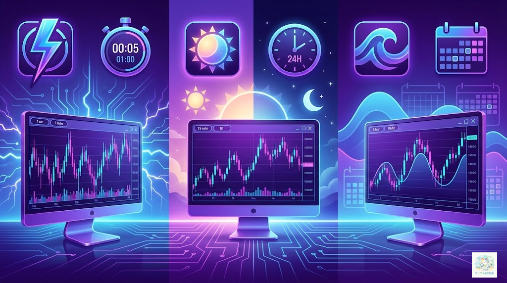 短期トレードの3つのスタイル（スキャルピング・デイトレード・スイングトレード）の比較イラスト