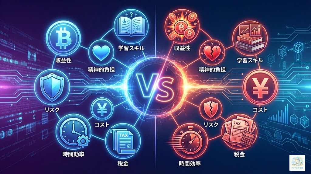 HODLと短期トレードを7つの観点で比較するイラスト