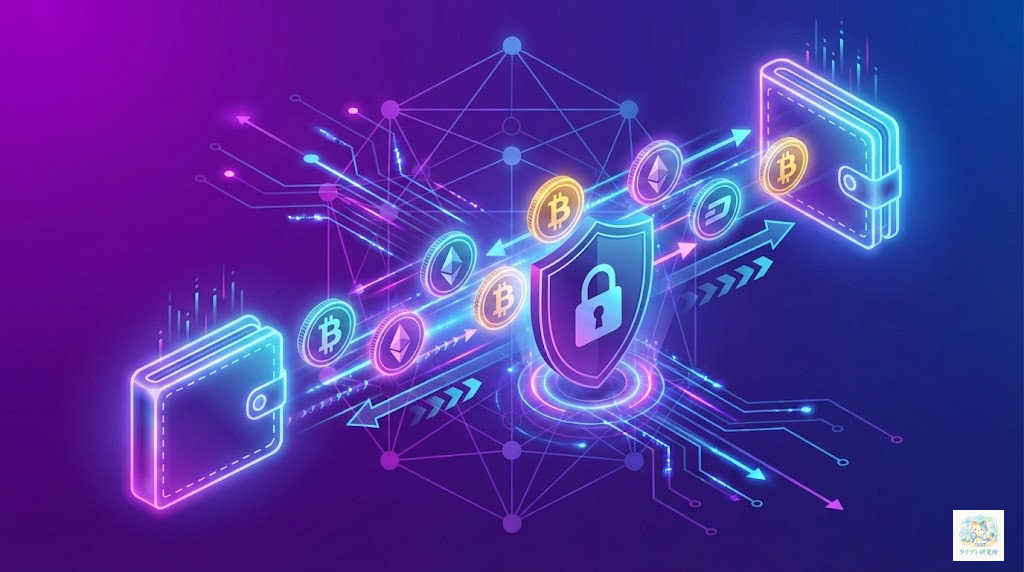 仮想通貨の送金コンセプトイメージ。2つのウォレットアイコンの間を暗号通貨コインが流れている。背景にブロックチェーンネットワークのノード接続。デジタルな矢印とトランザクションの流れ。安全な送金を表すシールドアイコン。 ### スタイル指定 - テイスト: Modern tech aesthetic - 品質: high-quality digital art - カラー: vibrant purple and blue gradients - トーン: professional and clean - サイズ: 1600x900px - テキスト: no text