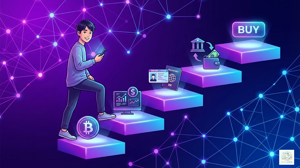 仮想通貨の始め方を表すイラスト：スマートフォンを持った若い日本人が、5段の階段を1段目から登り始めている様子。各段にはビットコインのロゴ、取引所のアイコン、本人確認の書類、入金のイメージ、購入ボタンが描かれている。背景にはデジタルなブロックチェーンのネットワークが広がっている ### スタイル指定 - テイスト: Modern tech aesthetic - 品質: high-quality digital art - カラー: vibrant purple and blue gradients - トーン: professional and clean, welcoming for beginners - サイズ: 1600x900px - テキスト: no text