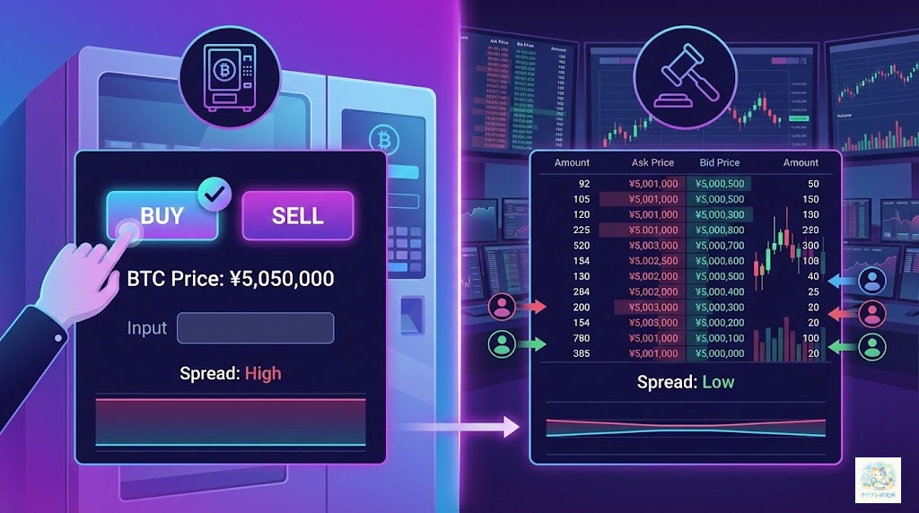 販売所と取引所（板取引）の違いを比較する図解