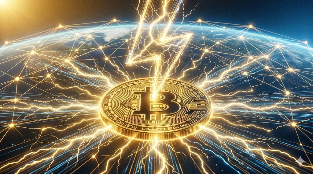 ライトニングネットワークのコンセプトイメージ。中央にビットコインのブロックチェーン（レイヤー1）の上に稲妻のシンボルで表現されたライトニングネットワーク（レイヤー2）。高速送金を示す稲妻と光の軌跡。背景に世界中のノードが光のネットワークでつながる様子。金と青のグラデーション。サイズ1600x900px。テキストなし。