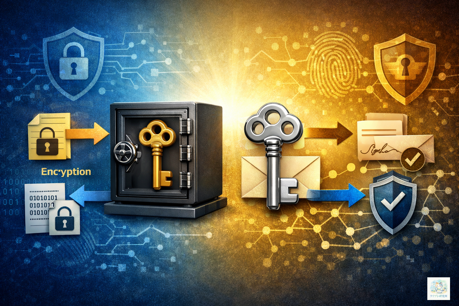 公開鍵暗号のコンセプトイメージ。中央に鍵のペア（秘密鍵と公開鍵）。秘密鍵は金庫に厳重に保管、公開鍵は自由に配布可能。暗号化と復号化、署名と検証の双方向性を矢印で表現。背景に暗号学とセキュリティのシンボル。青と金のグラデーション。サイズ1600x900px。テキストなし。