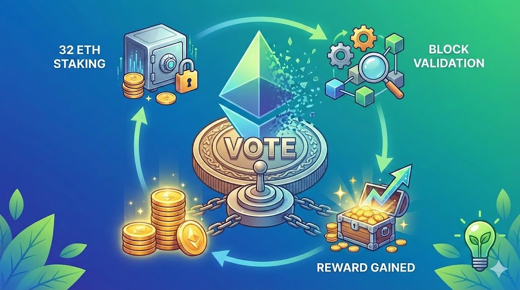 プルーフオブステーク（PoS）のコンセプトイメージ。中央にバリデーター（検証者）がステーキングしたコインで投票するシンボル。周囲に32ETHのステーキング、ブロック検証、報酬獲得の流れ。背景にイーサリアムのシンボル（抽象的）とエネルギー効率のグリーンアイコン。緑と青のグラデーション。サイズ1600x900px。テキストなし。