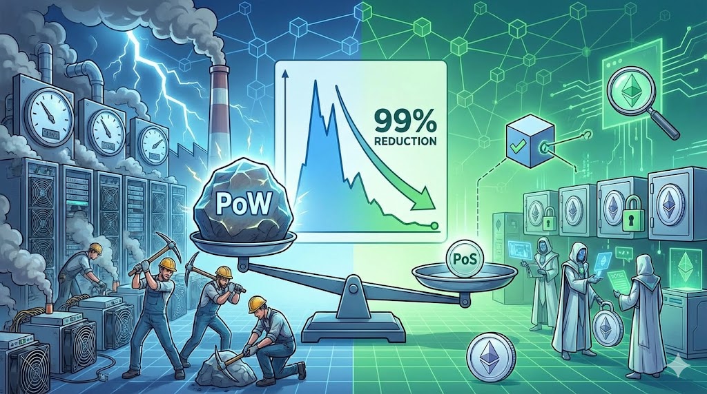 PoW vs PoS比較図：エネルギー消費、速度、セキュリティの違いを視覚化