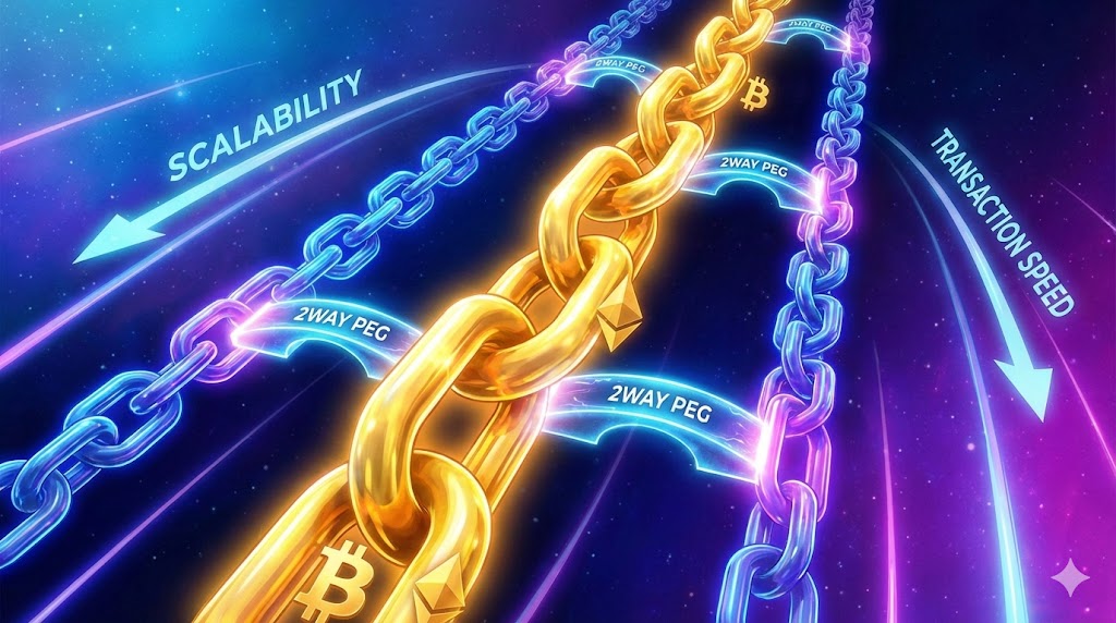 サイドチェーンのコンセプトイメージ。中央にメインチェーン（ビットコインまたはイーサリアム）の太い鎖。その横に複数のサイドチェーンが並行して走る様子。2way pegで両チェーンが橋でつながる。背景にスケーラビリティ拡張とトランザクション処理の高速化を示す矢印。青と紫のグラデーション。サイズ1600x900px。テキストなし。