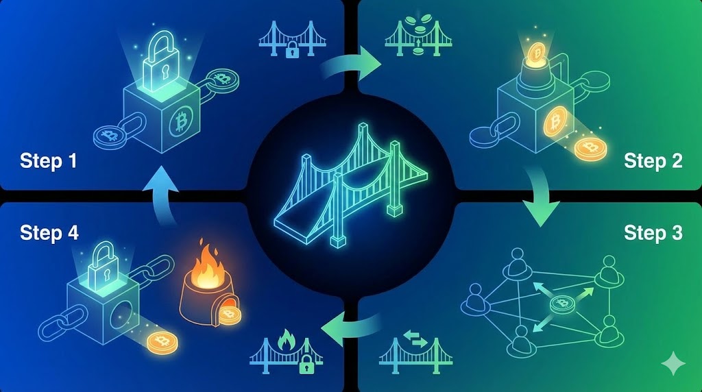 2way pegの仕組み図：資産のロック、発行、バーン、解放のプロセスを示す図解