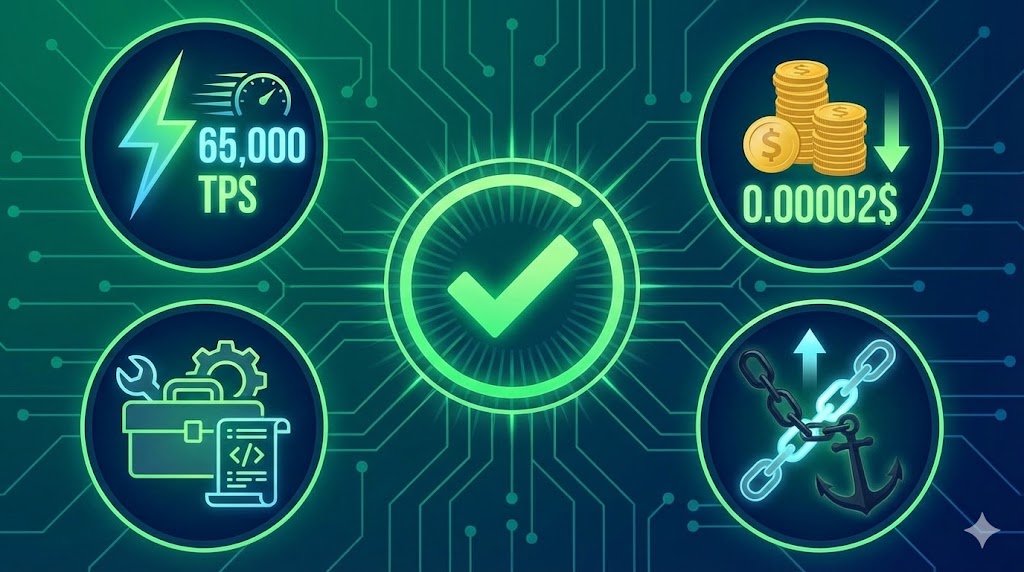 サイドチェーンのメリット：高速処理、低手数料、独自機能、負荷軽減を示すインフォグラフィック