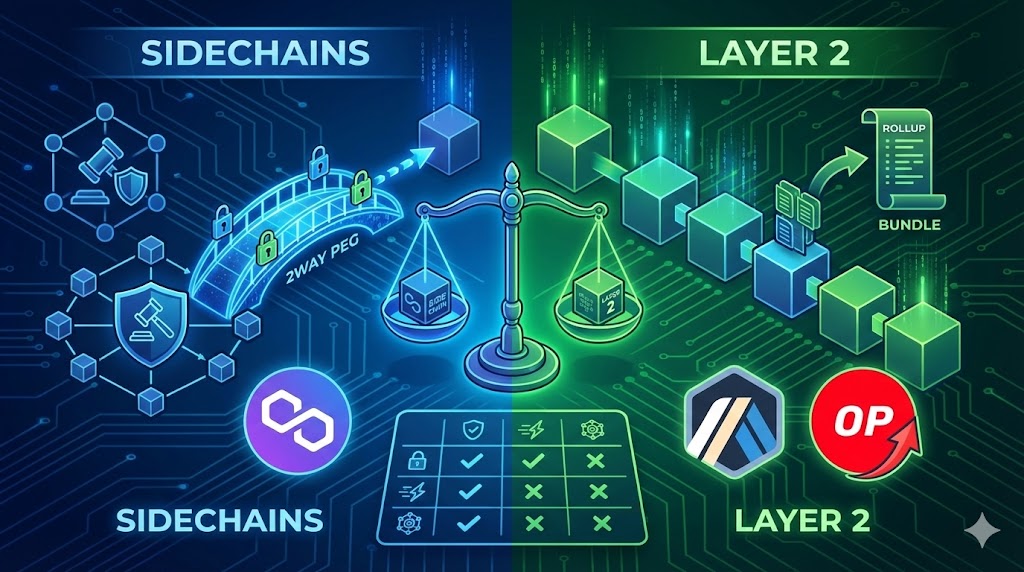 サイドチェーン vs レイヤー2比較表：独立性、セキュリティ、速度、手数料の違いを示す図