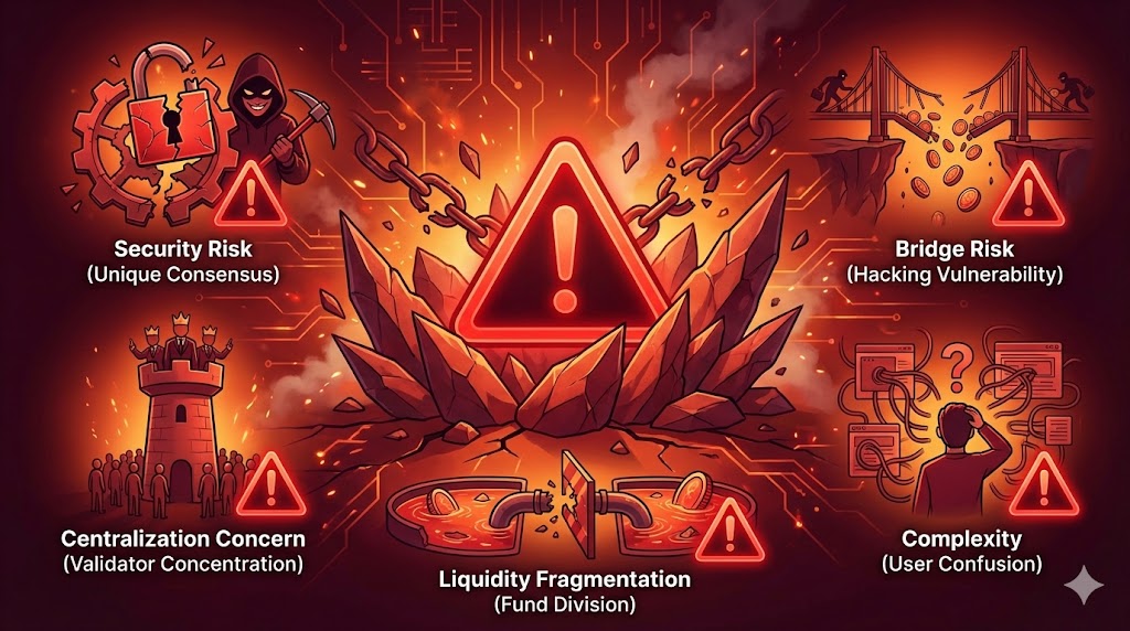 サイドチェーンのデメリット：セキュリティリスク、資産移動の複雑さ、ブリッジハックを示す図解