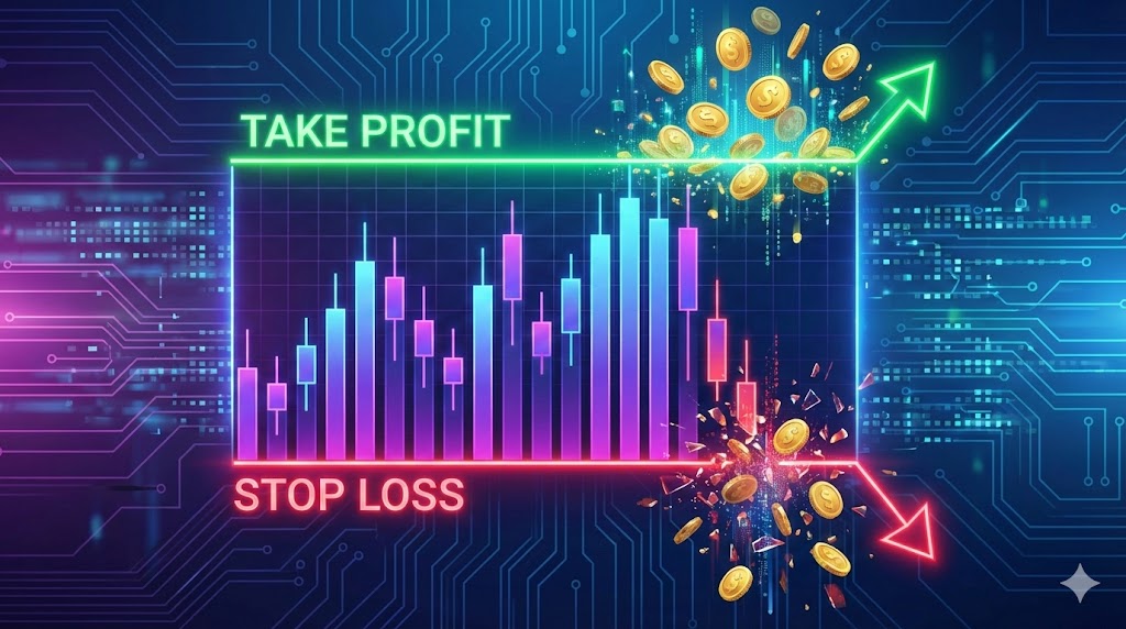 損切りと利確のコンセプトイメージ。中央にトレードチャートのローソク足。上昇した位置に緑色の利確ライン（テイクプロフィット）。下降した位置に赤色の損切りライン（ストップロス）。コインが増減するイメージ。 ### スタイル指定 - テイスト: Modern tech aesthetic - 品質: high-quality digital art - カラー: vibrant purple and blue gradients - トーン: professional and clean - サイズ: 1600x900px - テキスト: no text