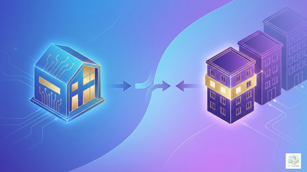 トークンとコインの基本的な違いを示す比較イラスト。左側に一戸建ての家（独立したブロックチェーン、コインのイメージ）、右側にマンションの一室（既存ブロックチェーン上、トークンのイメージ）。中央に対比を示す矢印。Modern cryptocurrency aesthetic, clean digital art, blue and purple gradients with gold accents, professional fintech style, 16:9 horizontal landscape, no text overlays, high quality, minimalist composition