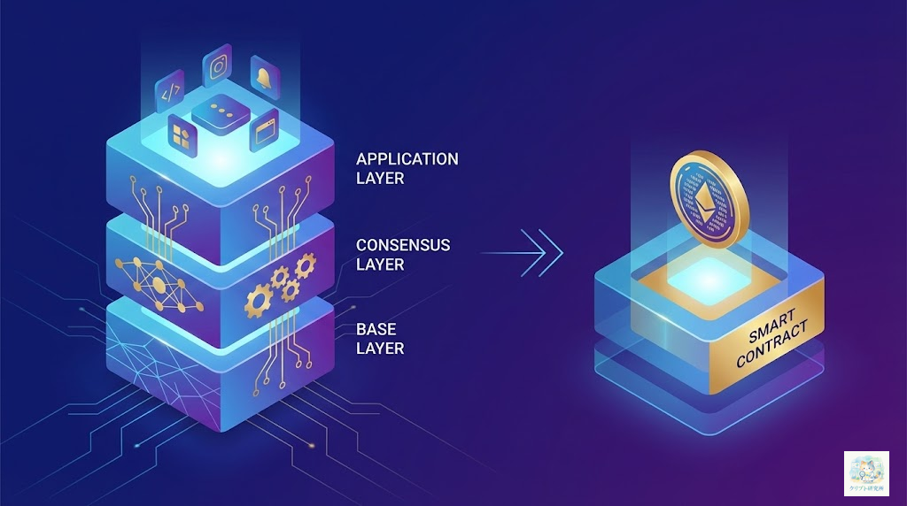 コインとトークンの技術的な違いを示す構造図