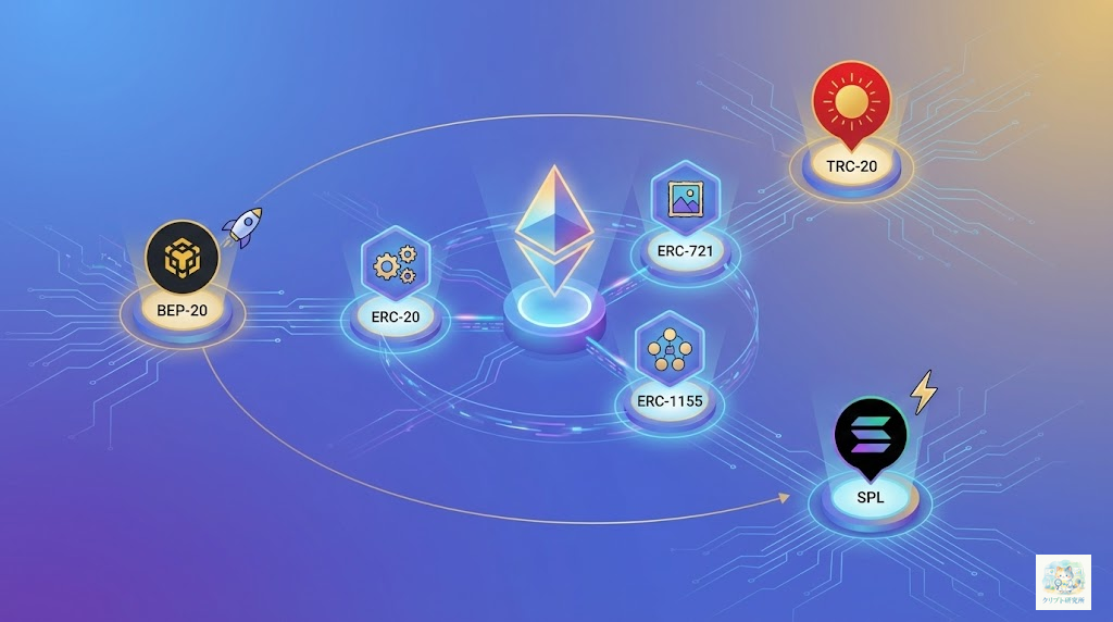 主要なトークン規格の種類と特徴を示す図
