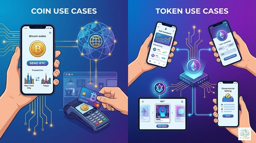 コインとトークンの実際の使用シーンを示すイラスト