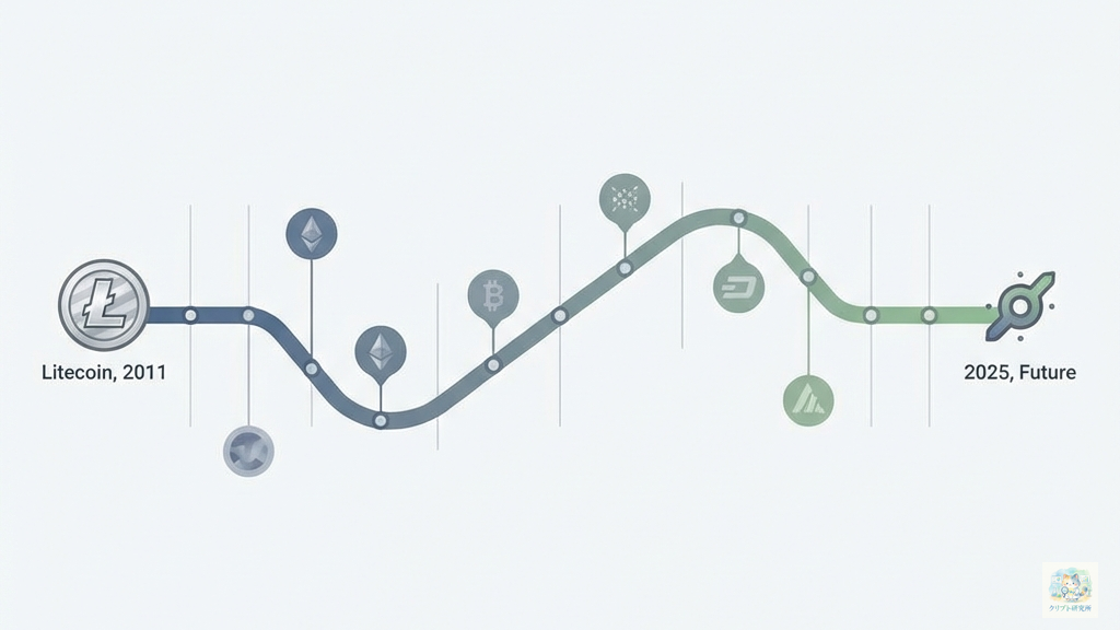 2011年から2025年までのアルトコインの進化を示すタイムライン