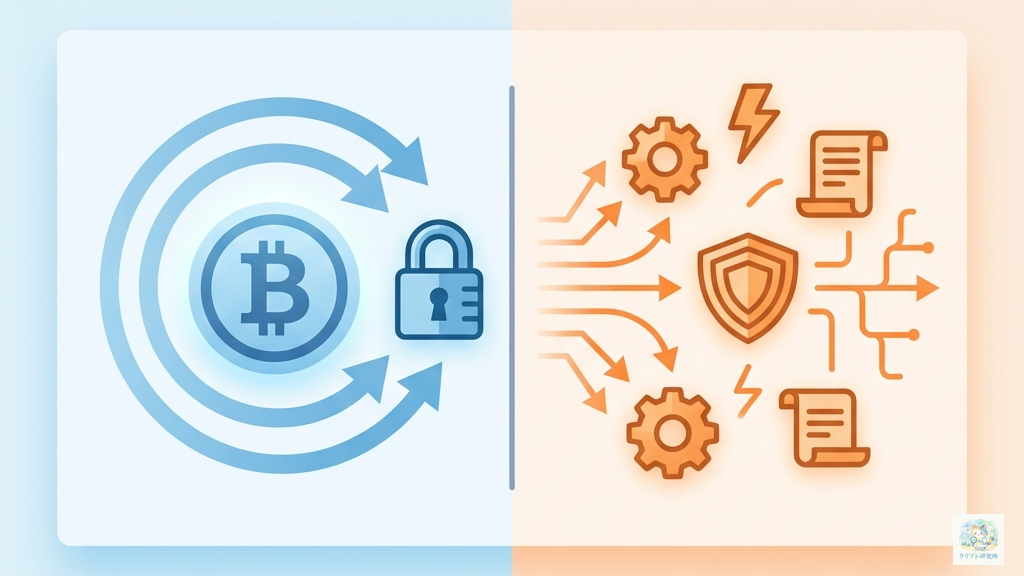 ビットコインとアルトコインの違いを比較するイラスト