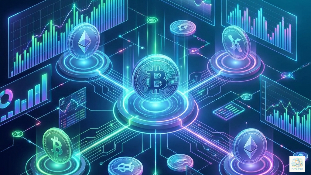グローバル暗号資産市場の統計データを示すイラスト