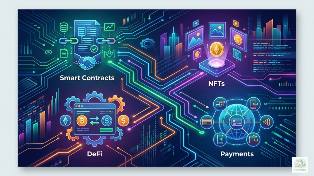 スマートコントラクト、DeFi、NFTなどアルトコインの実用的なユースケースを示すイラスト