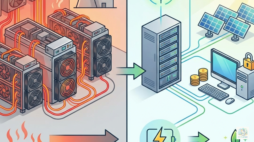 Proof of WorkとProof of Stakeの違いを比較するイラスト