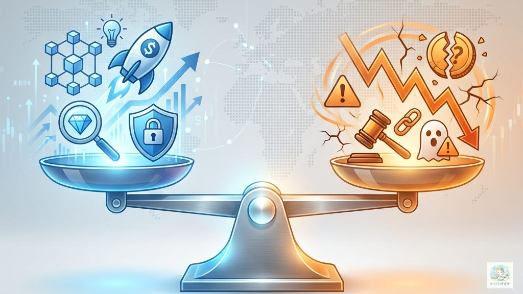 アルトコイン投資のメリットとデメリットを天秤で比較するイラスト