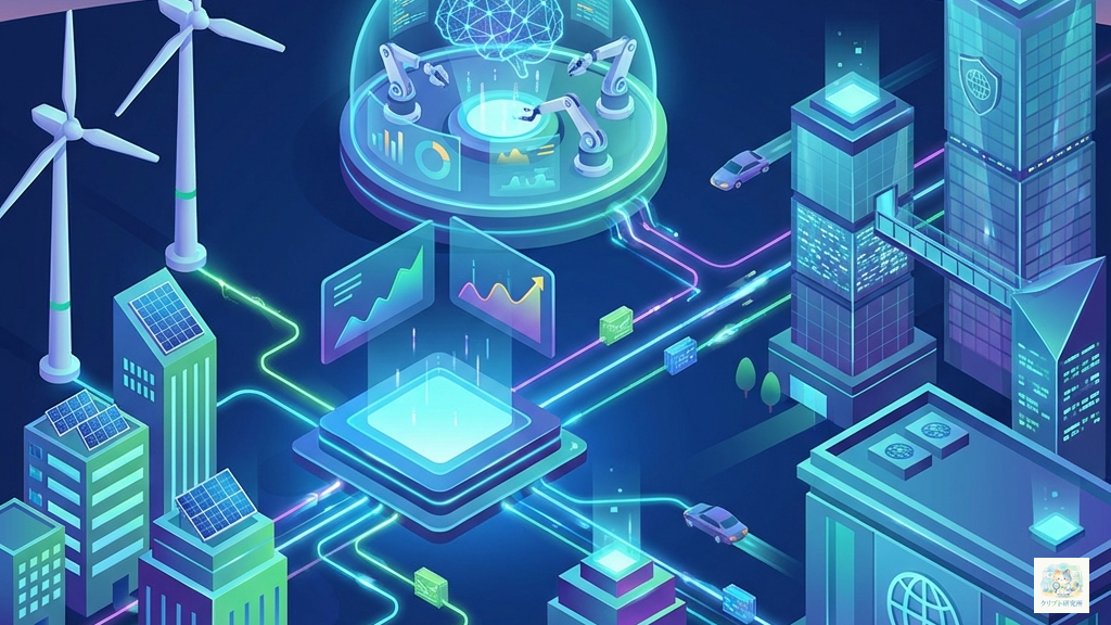 2025年の暗号資産市場トレンドを示す未来的なイラスト