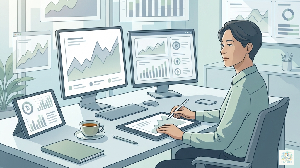 暗号資産投資の賢い判断をするイメージのイラスト