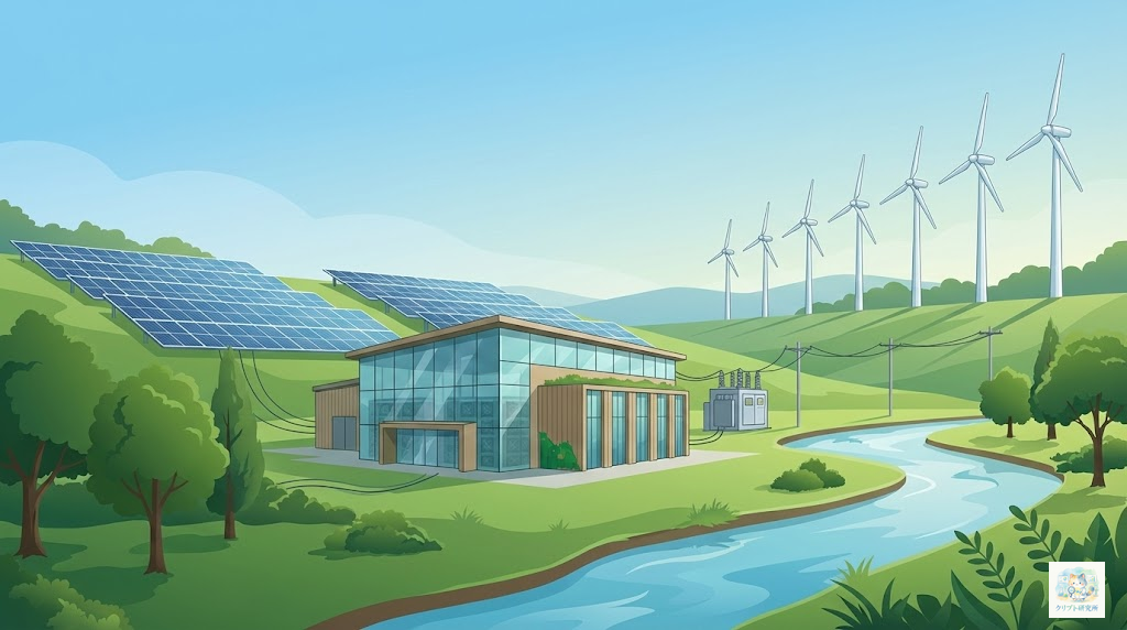 ビットコインマイニングの電力消費と環境問題を示す図解