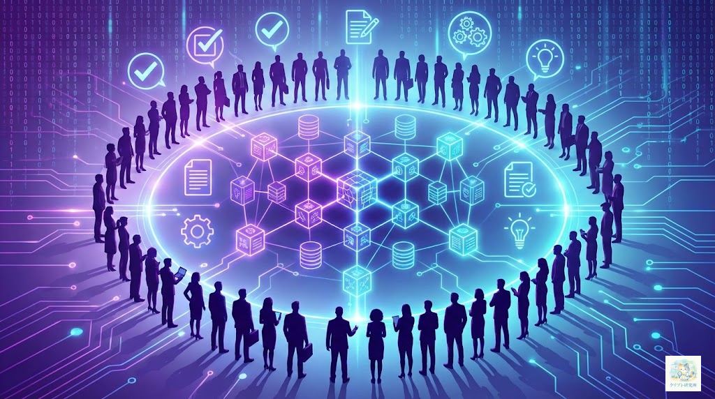 DAOの概念を表すイメージ。中央に光り輝くブロックチェーンのノードネットワークがあり、その周りに世界中から参加する多様な人々のシルエットが円形に配置されている。投票や提案を象徴するアイコンが浮かんでいる。 ### スタイル指定 - テイスト: Modern tech aesthetic with futuristic elements - 品質: high-quality digital art - カラー: vibrant purple and blue gradients with electric cyan accents - トーン: professional, innovative, and cutting-edge - サイズ: 1600x900px - テキスト: no text