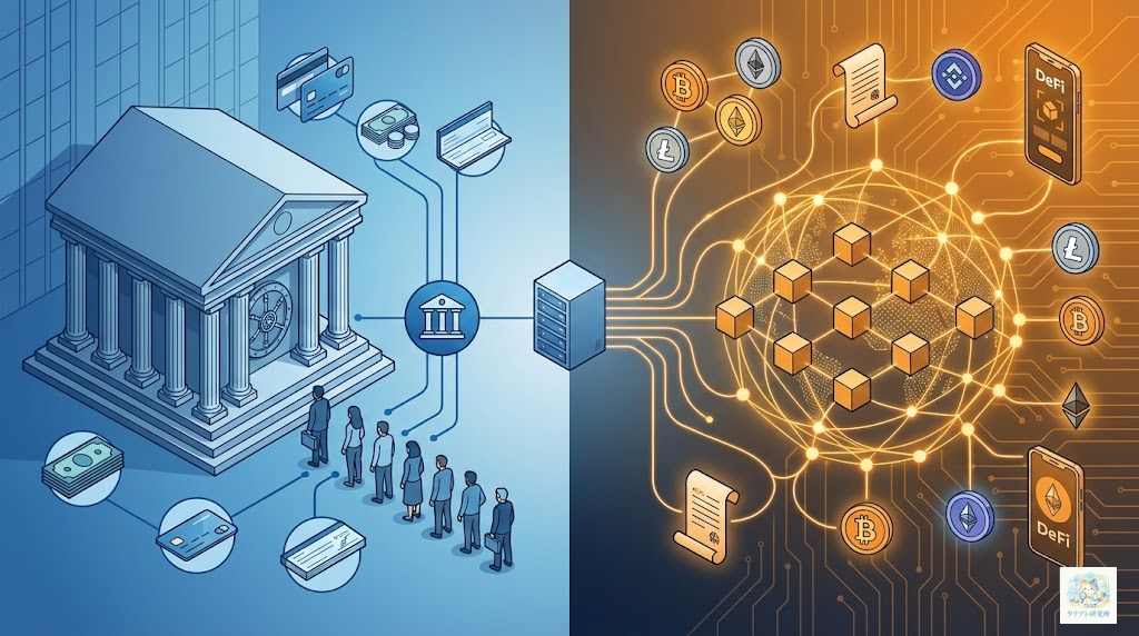 従来の金融システムとDeFiの違いを比較するイラスト