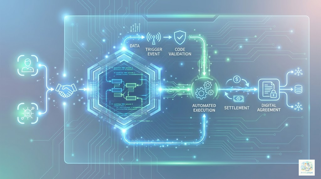 スマートコントラクトの仕組みを示す技術イラスト