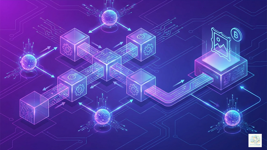 NFTとブロックチェーンの仕組みを表すイラスト